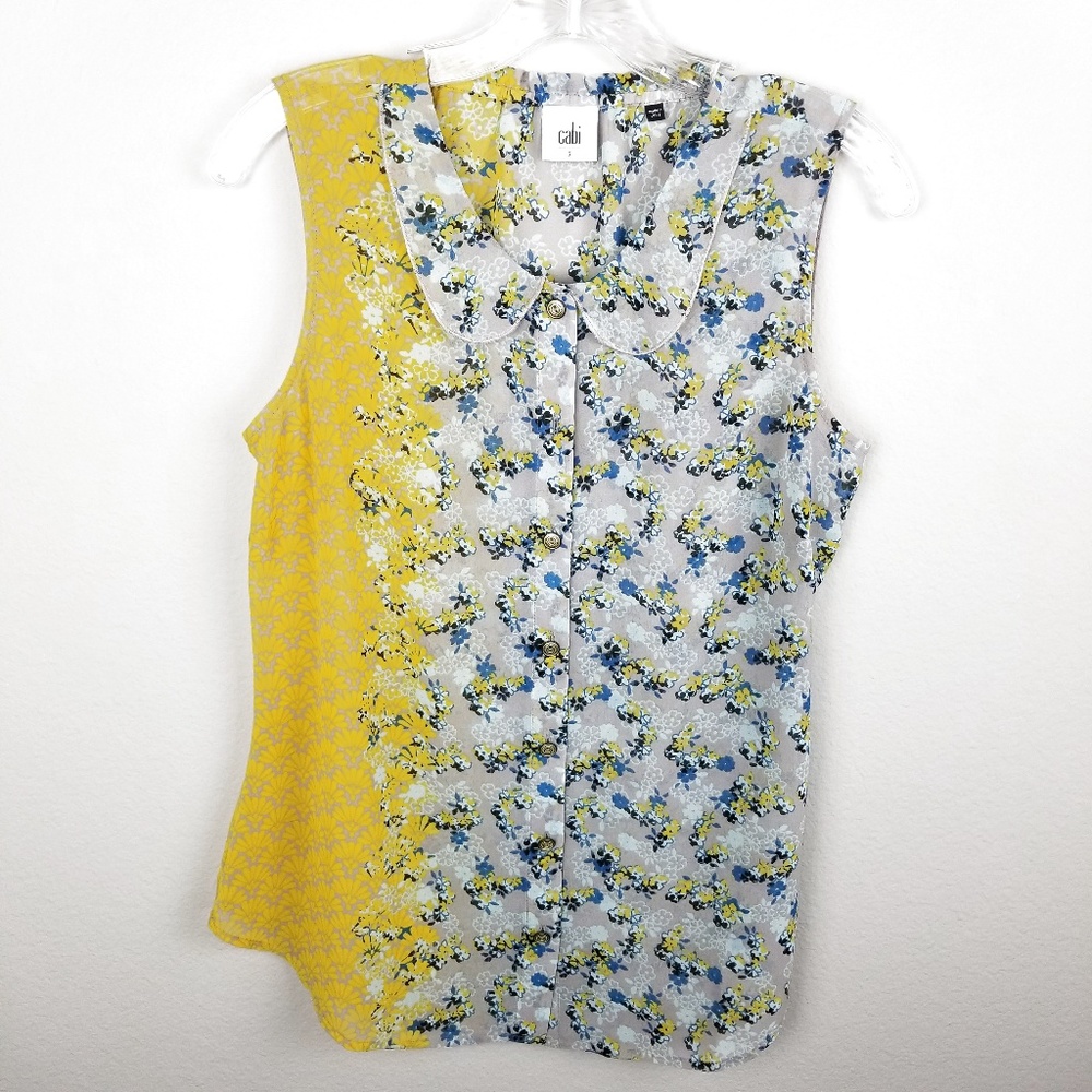 Cabi collared gray Blue Yellow Button Front sheer